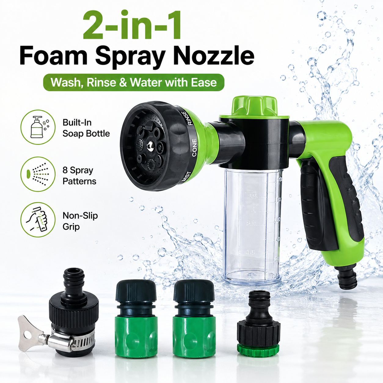 🔥 2-in-1 Foam Spray Nozzle – 8-Pattern Garden Hose Sprayer with Soap Dispenser