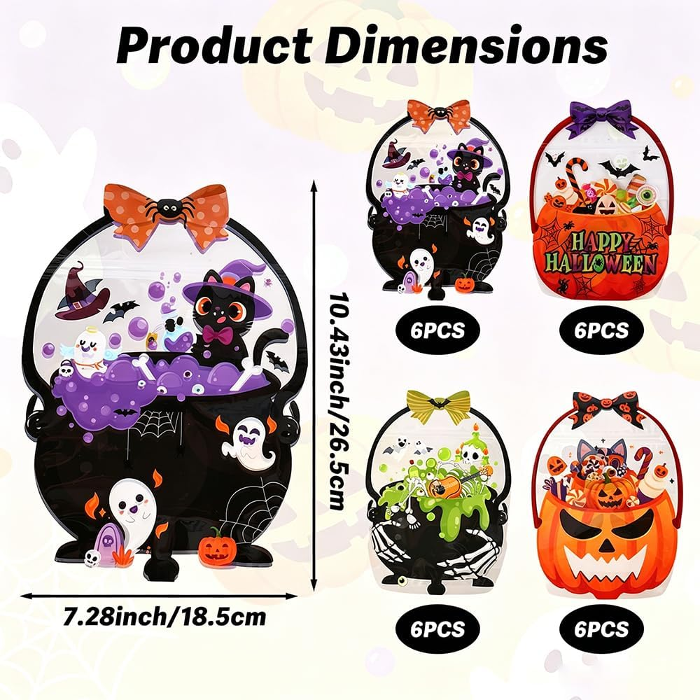 24-Pack Halloween Treat Bags with Handles – Reusable Flat-Bottom Zip Bags for Candy & Party Favors