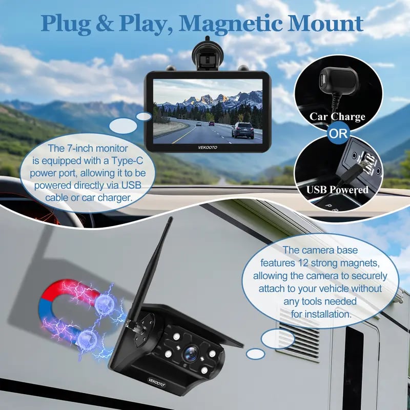 Magnetic Solar Wireless Backup Camera | 7" HD IPS Touchscreen Monitor | 7800mAh Battery | IP69 Waterproof | IR Night Vision | Wireless Auto Sync | Plug & Play