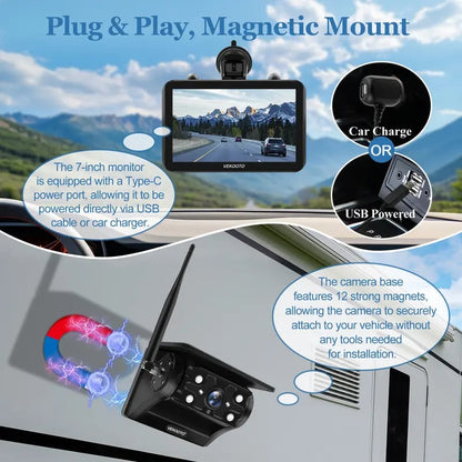 Magnetic Solar Wireless Backup Camera | 7" HD IPS Touchscreen Monitor | 7800mAh Battery | IP69 Waterproof | IR Night Vision | Wireless Auto Sync | Plug & Play