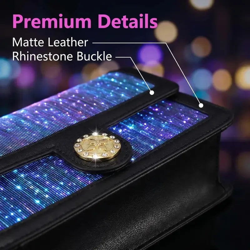 Fiber Optic Light Up Crossbody Bag, 7 Colors Glowing PU Leather Shoulder Purse