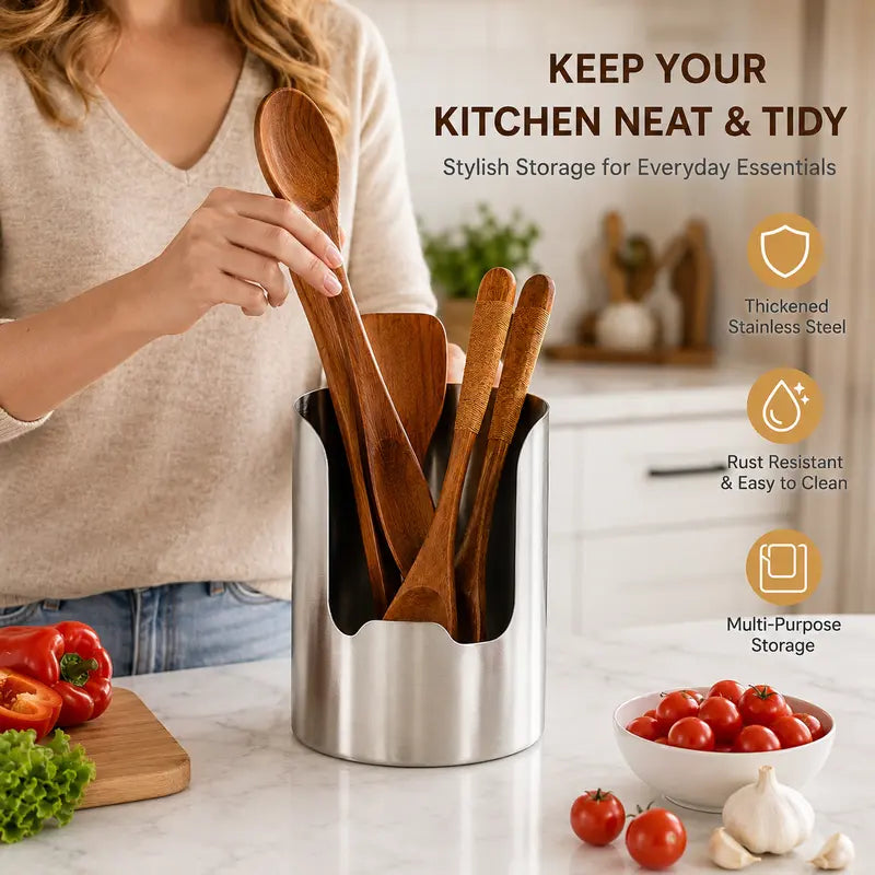 ✨ Stainless Steel Kitchen Utensil Holder – 🍳Open-Front Countertop Organizer for Spoons, Spatulas & Everyday Tools
