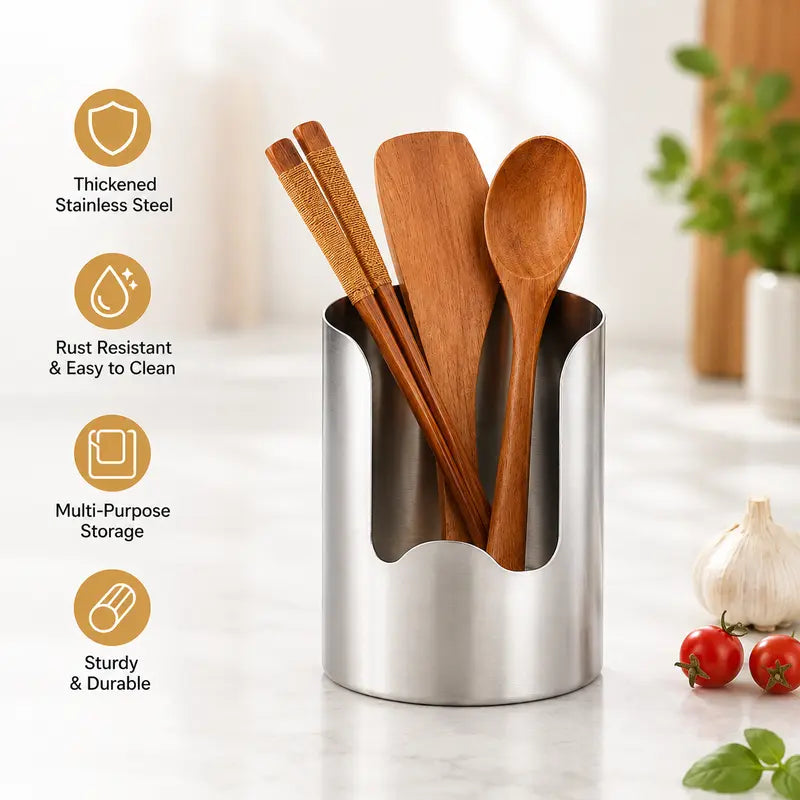 ✨ Stainless Steel Kitchen Utensil Holder – 🍳Open-Front Countertop Organizer for Spoons, Spatulas & Everyday Tools