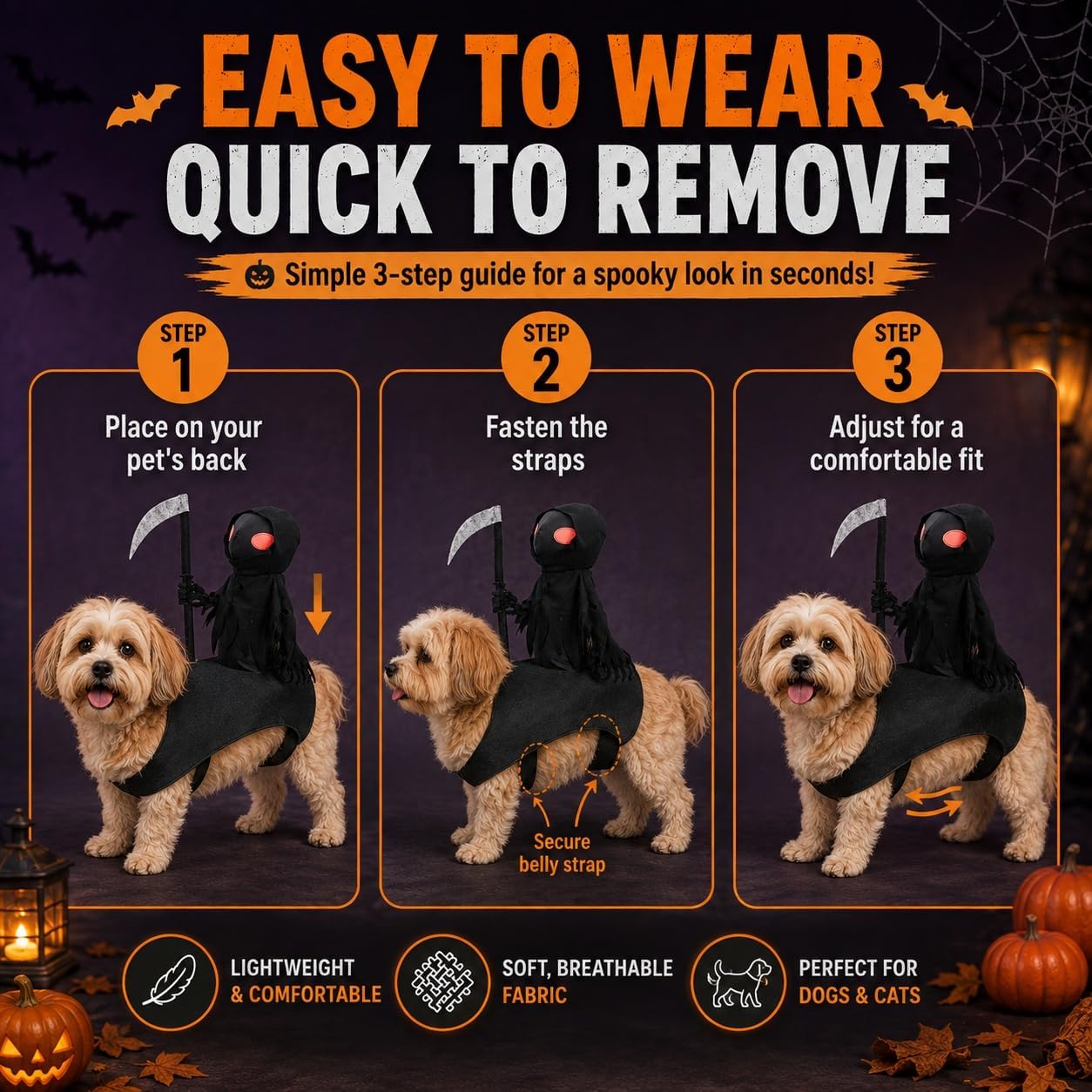 🎃👻HALLOWEEN FAVORITE🐾🐶Dog Halloween Grim Reaper Rider Costume with Adjustable Magic Tape👻