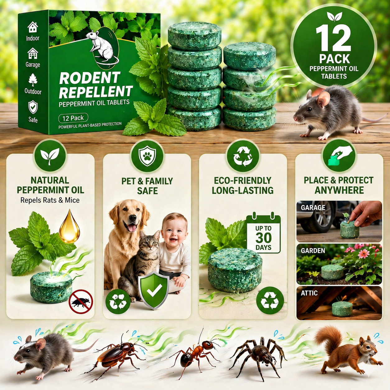⏳Father's Day Limited Edition 50% OFF 🟢 Natural Peppermint Rodent Repellent Tablets – 12 Pack