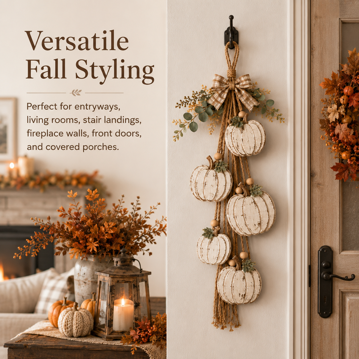 🔥Last Day 50% OFF -🎃 Rustic White Pumpkin Hanging Swag – 5-Pumpkin Fall Door & Wall Decoration for Farmhouse Autumn Decor