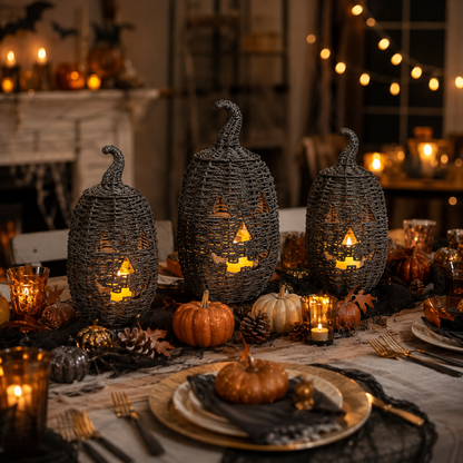 Rustic Wicker Pumpkin Candle Holder - Handwoven Jack-O’-Lantern Halloween Porch Decor