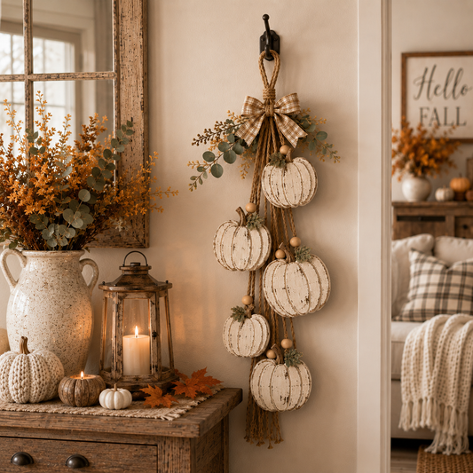 🔥Last Day 50% OFF -🎃 Rustic White Pumpkin Hanging Swag – 5-Pumpkin Fall Door & Wall Decoration for Farmhouse Autumn Decor