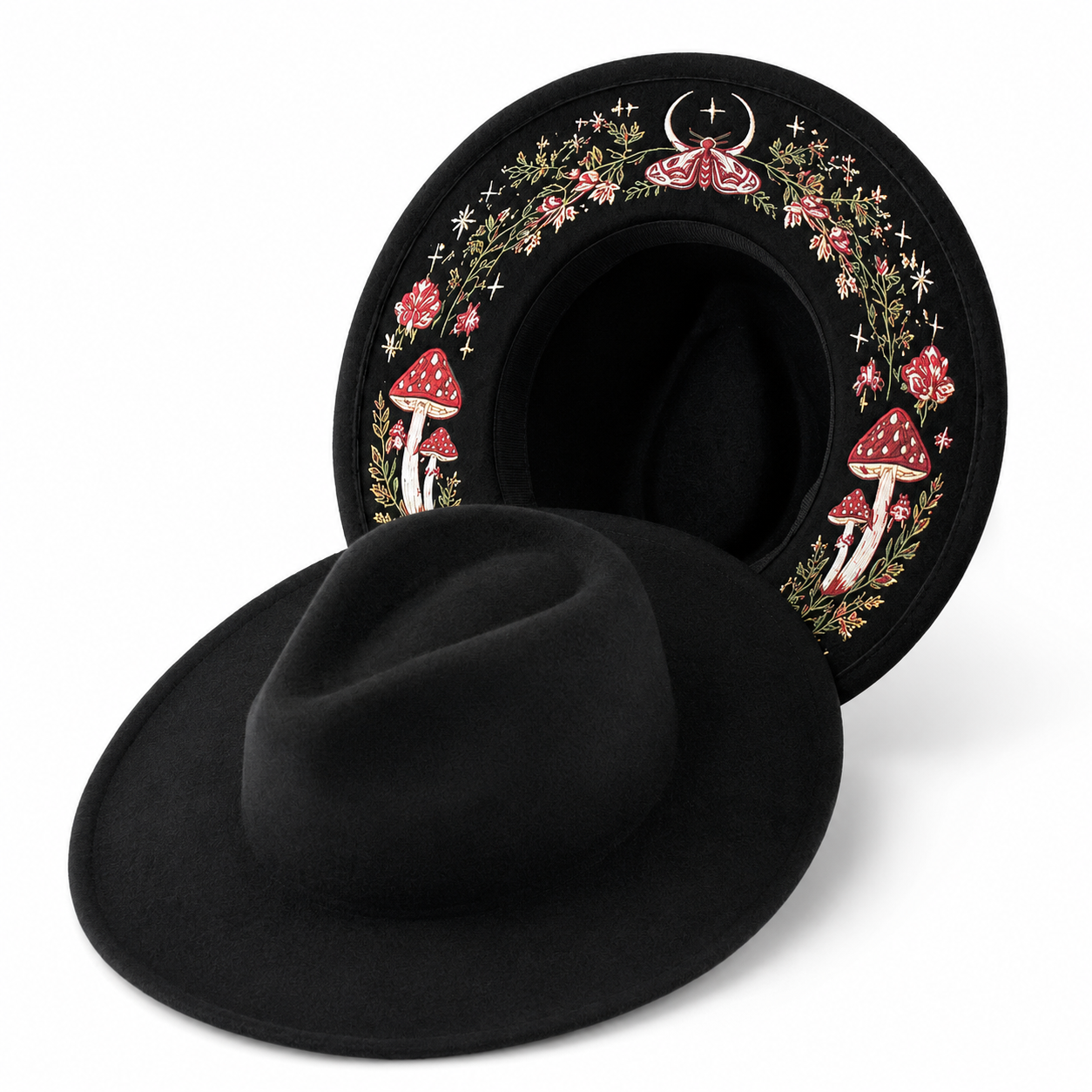 🌙 Embroidered Underbrim Wide-Brim Felt Hat – Gothic Mystic Art ✨