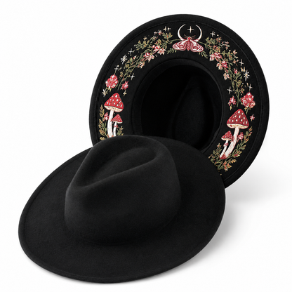 🌙 Embroidered Underbrim Wide-Brim Felt Hat – Gothic Mystic Art ✨