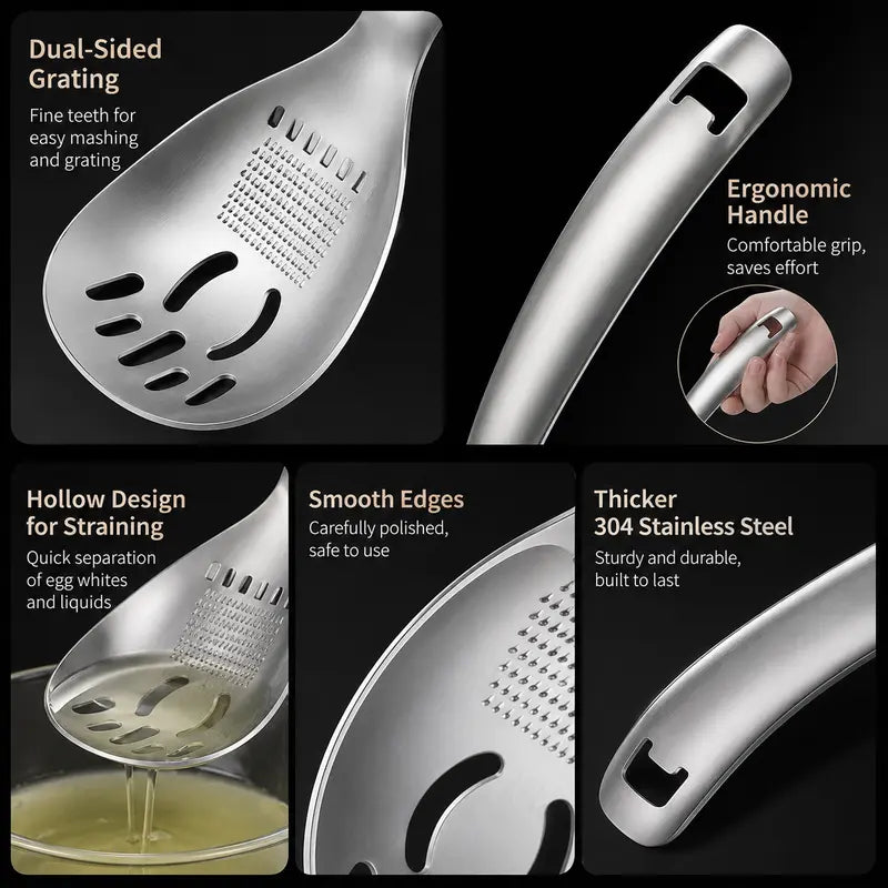 🍳 4-in-1 304 Stainless Steel Kitchen Spoon ✨ Separate, Grate, Mash & Serve