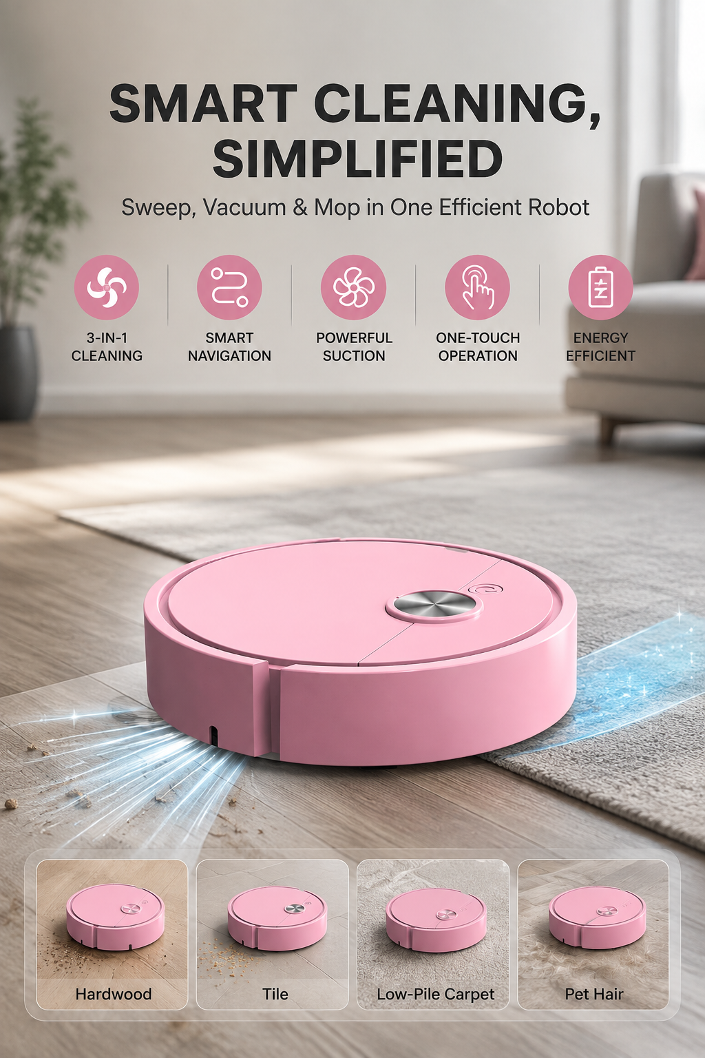 3-in-1 Smart Robot Vacuum & Mop – Powerful Suction for Effortless Daily Cleaning