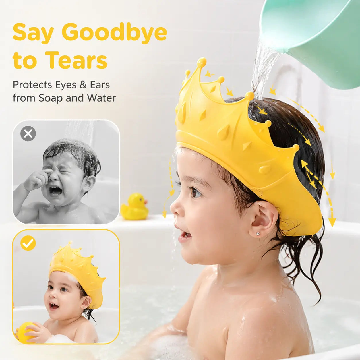 Baby Shower Cap Shield - Skin-Friendly Soft Adjustable-Size Kids Visor Hat for 0-9 Years Old, Eye Protection, Ear Protection, Cute Crown Shape for Bath Time (Yellow)