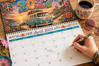 🌼2027 Hippie Boho Wall Calendar – Retro Road Trip Calendar📅