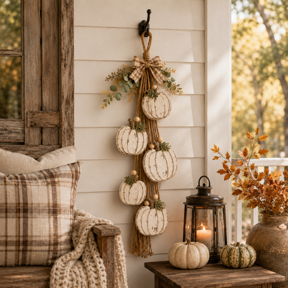🔥Last Day 50% OFF -🎃 Rustic White Pumpkin Hanging Swag – 5-Pumpkin Fall Door & Wall Decoration for Farmhouse Autumn Decor