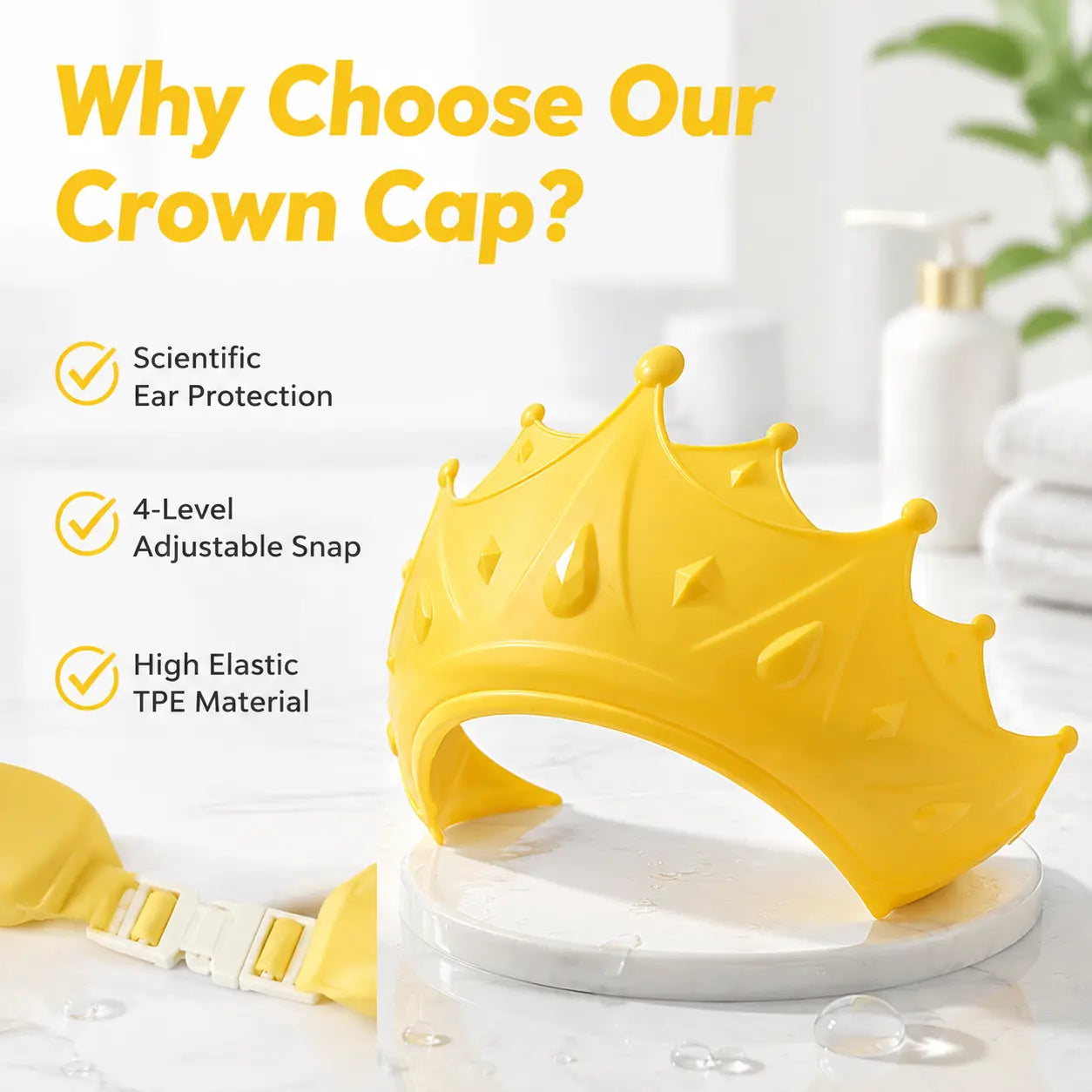 Baby Shower Cap Shield - Skin-Friendly Soft Adjustable-Size Kids Visor Hat for 0-9 Years Old, Eye Protection, Ear Protection, Cute Crown Shape for Bath Time (Yellow)