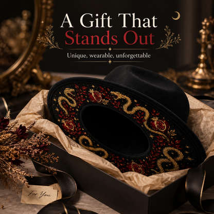 🌙 Embroidered Underbrim Wide-Brim Felt Hat – Gothic Mystic Art ✨