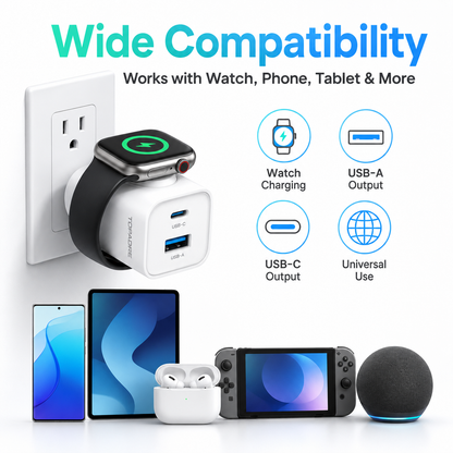 🔌 3-in-1 Wall Charger – Built-In Watch Charger with USB-A & USB-C Ports