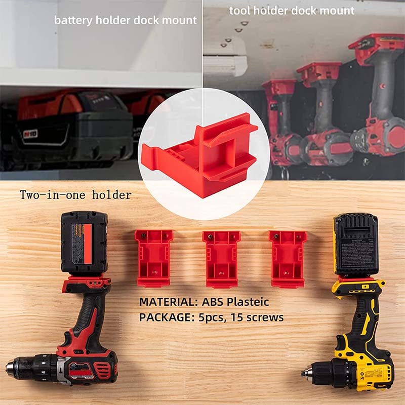5-Pack 2-in-1 Power Tool & Battery Holder Mounts for Dewalt/Milwaukee 18V Li-ion Batteries & Cordless Tools
