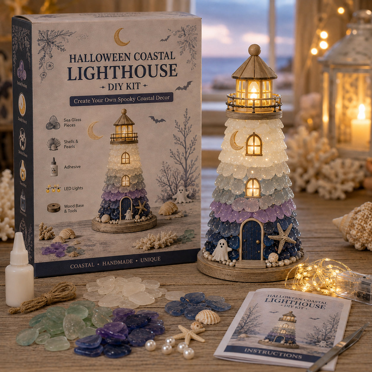 🌊🧜‍♀️✨ DIY Sea Glass Lighthouse Kit 🎨🗼– Light-Up Coastal Craft & Handmade Home Decor 🏠💡🏖️
