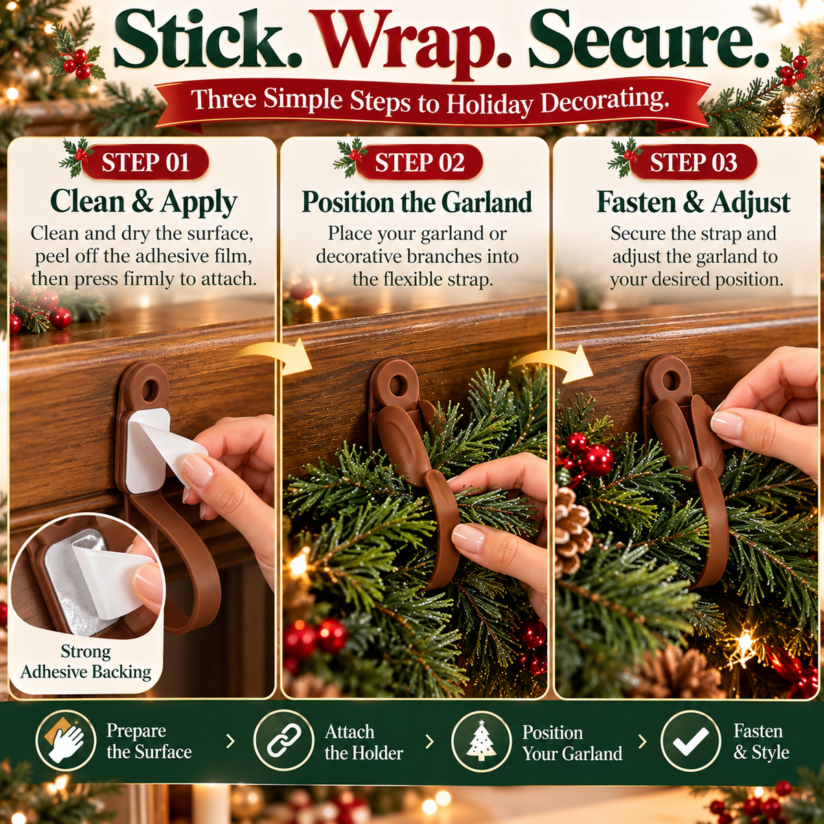 🎄 6-Pack Christmas Garland Hanger Clips – No-Drill Adhesive Silicone Holders for Mantels, Staircases & Holiday Decor