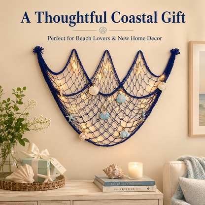 🌊✨ Coastal Fishing Net Wall Hanging with Fairy Lights