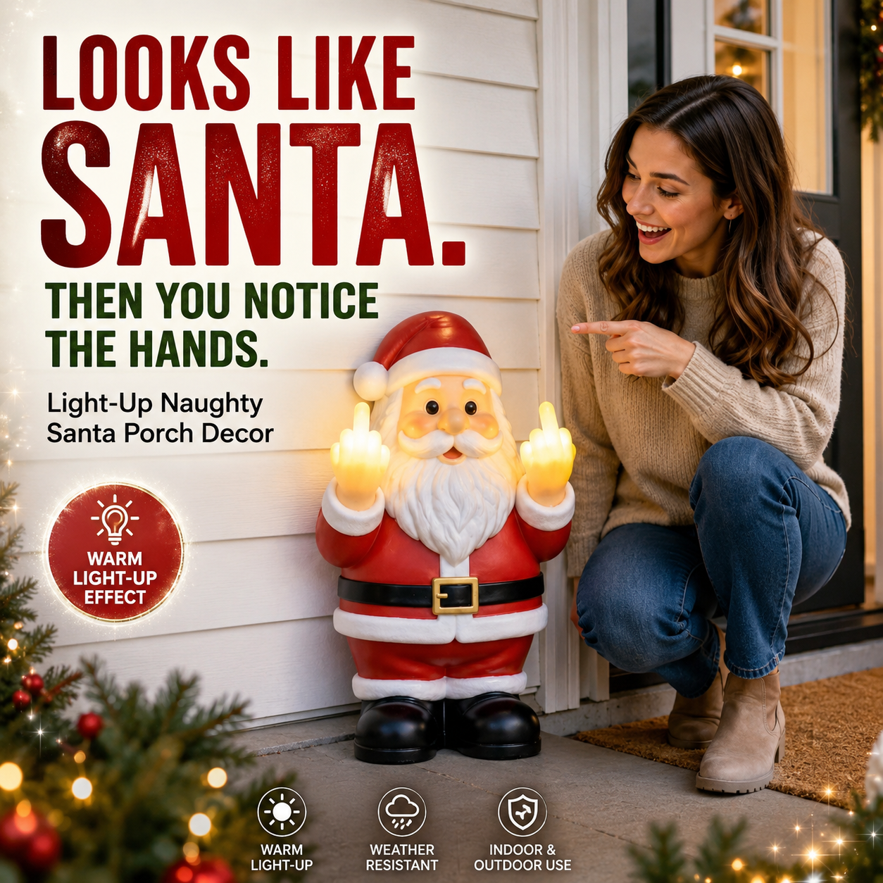 🎅 Mischievous Light-Up Middle Finger Santa Christmas Decor