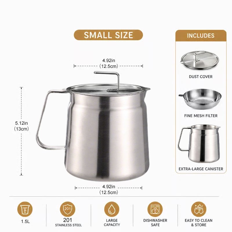 🔥HOT SALE🔥68oz 201 Stainless Steel Deep Fryer Pot with Basket & Strainer, Large Capacity Bacon Grease Container for Kitchen,Frying, Cooking, Camping,Oil Filter Container - Dishwasher Safe