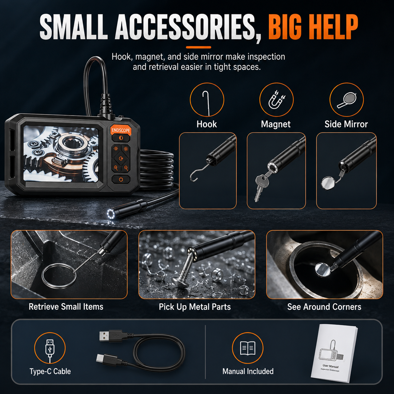 Endoscope Inspection Camera – HD Borescope with Screen & LED Light for Drain, Pipe & Sewer Inspection
