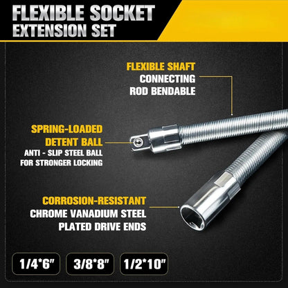 Flexible Socket Extension Bar Set – Bendable Ratchet Wrench Extensions for Tight Spaces, Carbon steel Automotive Repair Tool Kit