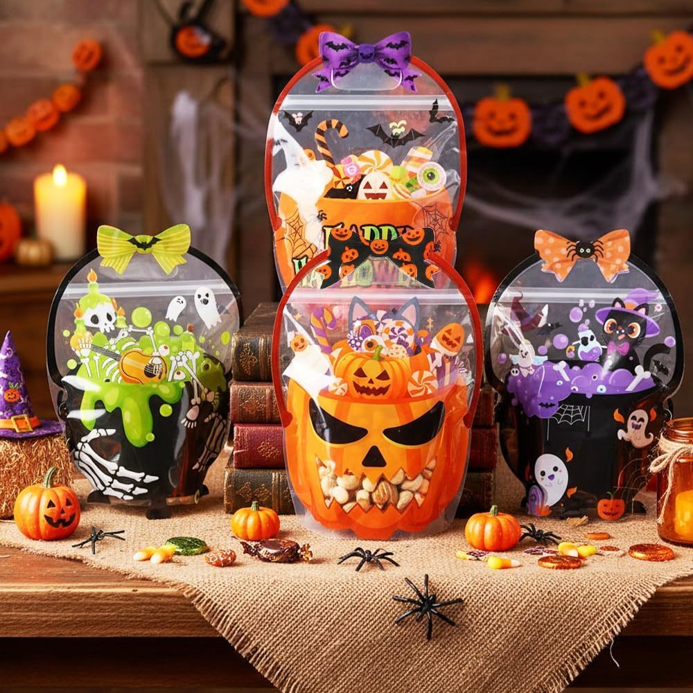 24-Pack Halloween Treat Bags with Handles – Reusable Flat-Bottom Zip Bags for Candy & Party Favors