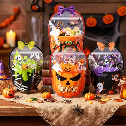 24-Pack Halloween Treat Bags with Handles – Reusable Flat-Bottom Zip Bags for Candy & Party Favors