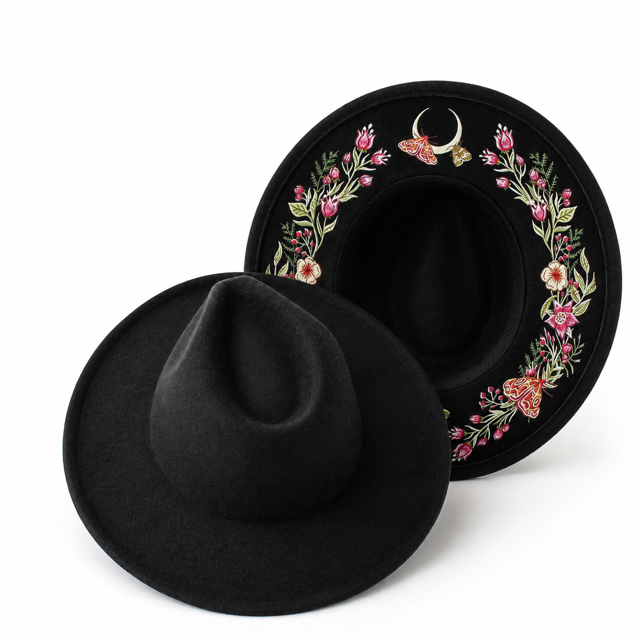 🌙 Embroidered Underbrim Wide-Brim Felt Hat – Gothic Mystic Art ✨