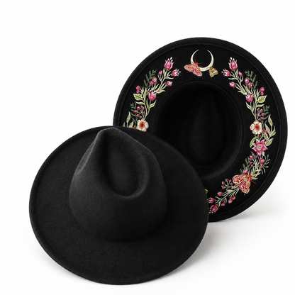 🌙 Embroidered Underbrim Wide-Brim Felt Hat – Gothic Mystic Art ✨