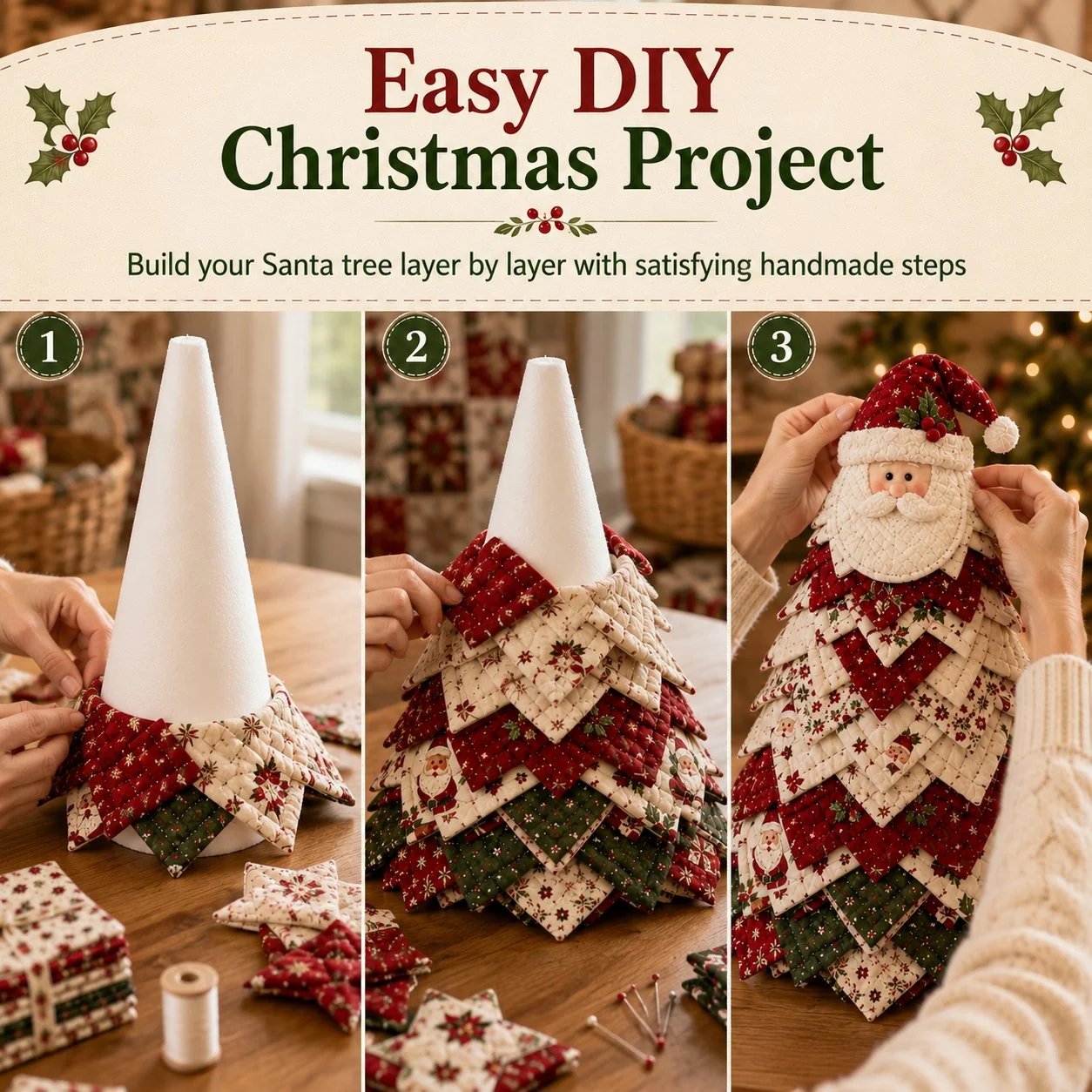 🔥LAST DAY 50% OFF - 🎄DIY Quilted Santa Christmas Tree Kit – Handmade Fabric Holiday Tabletop Tree Decor
