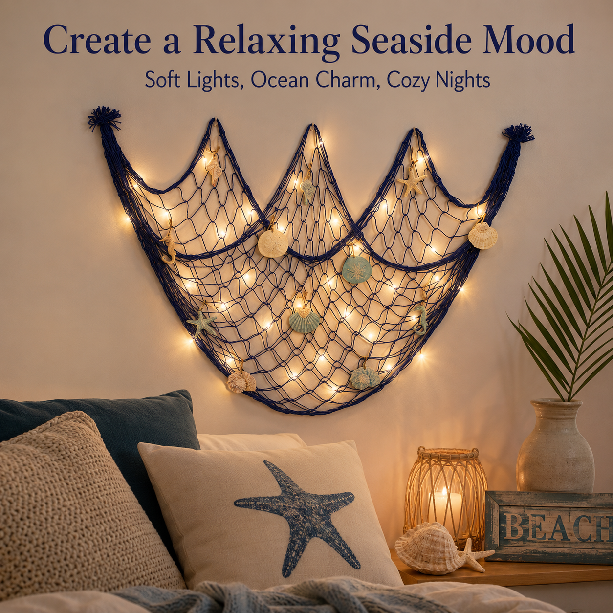 🌊✨ Coastal Fishing Net Wall Hanging with Fairy Lights
