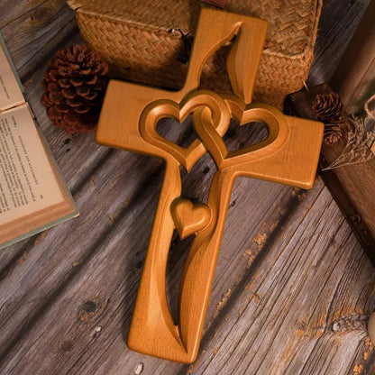 🔥 Last Day 49% OFF – Hand-Carved Intertwined Hearts Wooden Cross ❤️ Perfect Wedding & Anniversary Gift ✝️💞