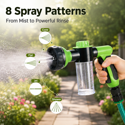 🔥 2-in-1 Foam Spray Nozzle – 8-Pattern Garden Hose Sprayer with Soap Dispenser