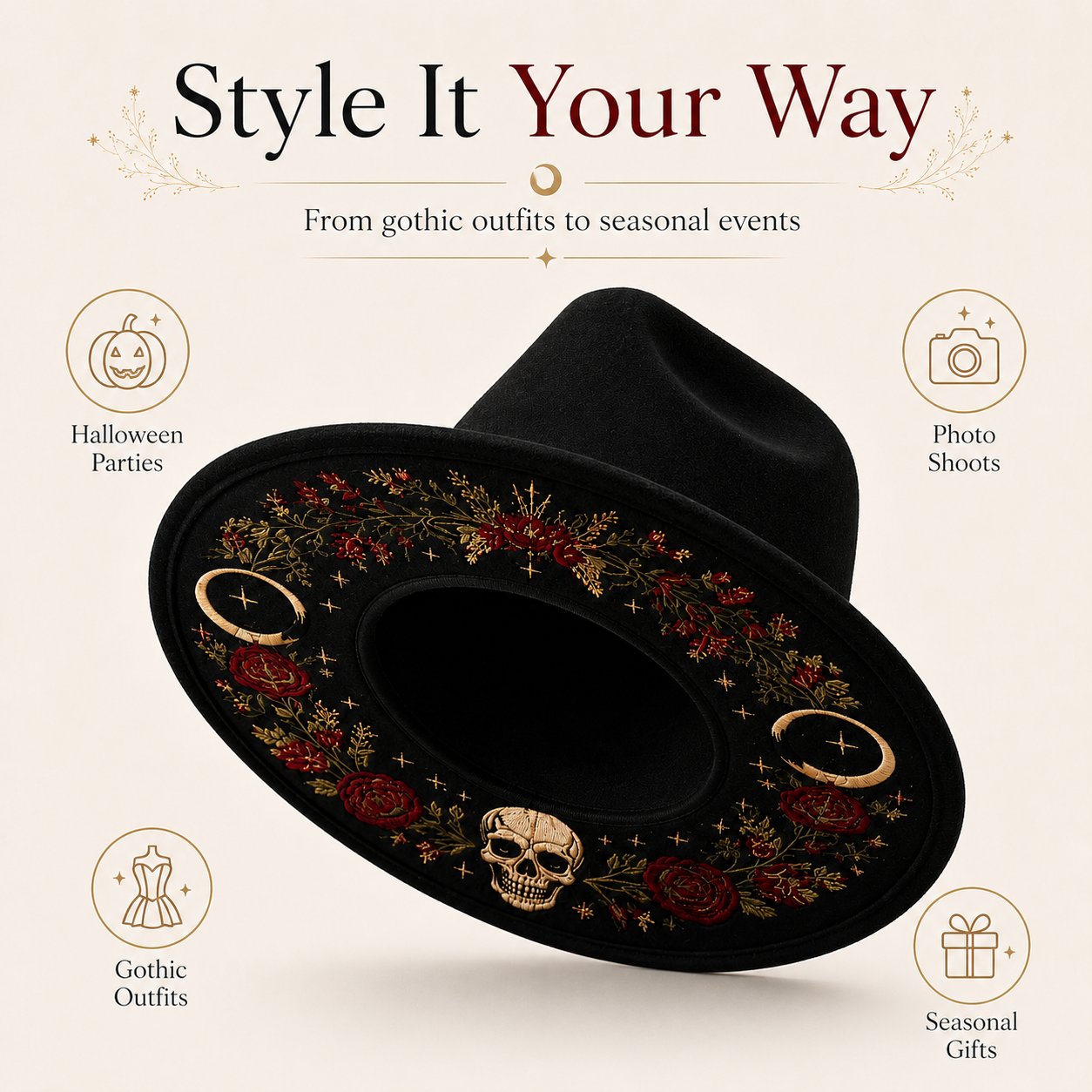 🌙 Embroidered Underbrim Wide-Brim Felt Hat – Gothic Mystic Art ✨