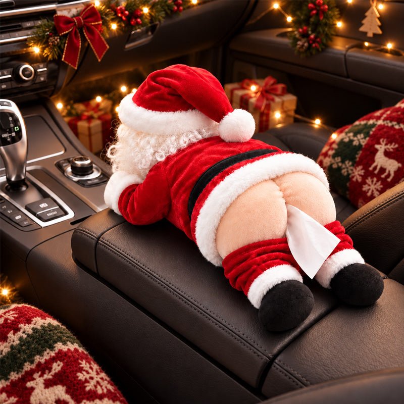 Santa tissue holder shown as a holiday car accessory
