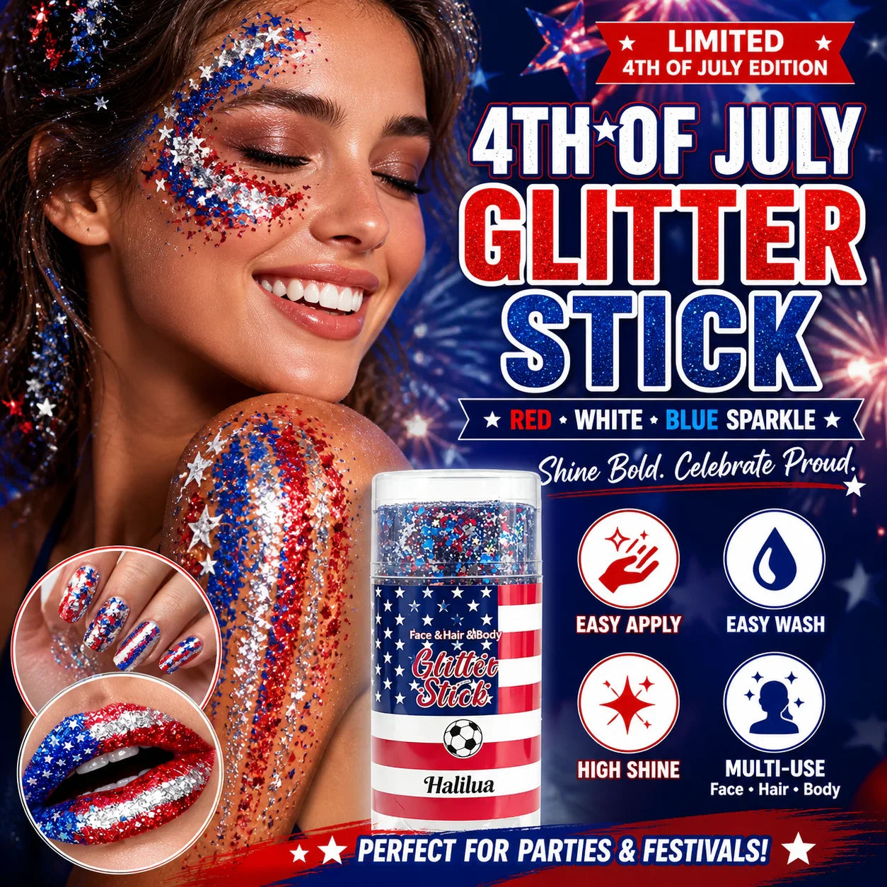 3-in-1 Patriotic Glow😍✨Red, White & Blue Glitter Body Stick