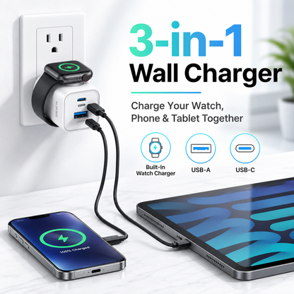 🔌 3-in-1 Wall Charger – Built-In Watch Charger with USB-A & USB-C Ports