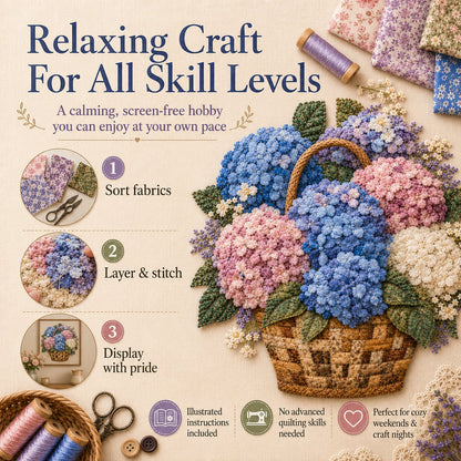 🌸Floral Basket Patchwork DIY Kit | 3D Layered Fabric Flower Art Craft for Home Decor & Gifts