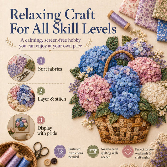 🌸Floral Basket Patchwork DIY Kit | 3D Layered Fabric Flower Art Craft for Home Decor & Gifts
