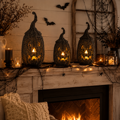 Rustic Wicker Pumpkin Candle Holder - Handwoven Jack-O’-Lantern Halloween Porch Decor