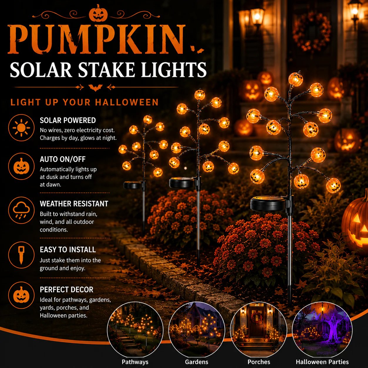 🎃 Pumpkin Solar Stake Lights – Halloween Outdoor Yard Decor