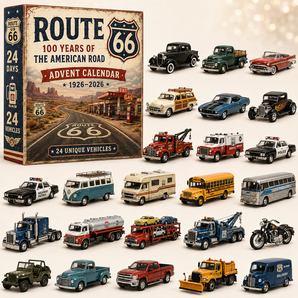 🚗Route 66 Centennial Advent Calendar – 24 Days of American Road Legends | 1926–2026 Collector’s Edition🎄