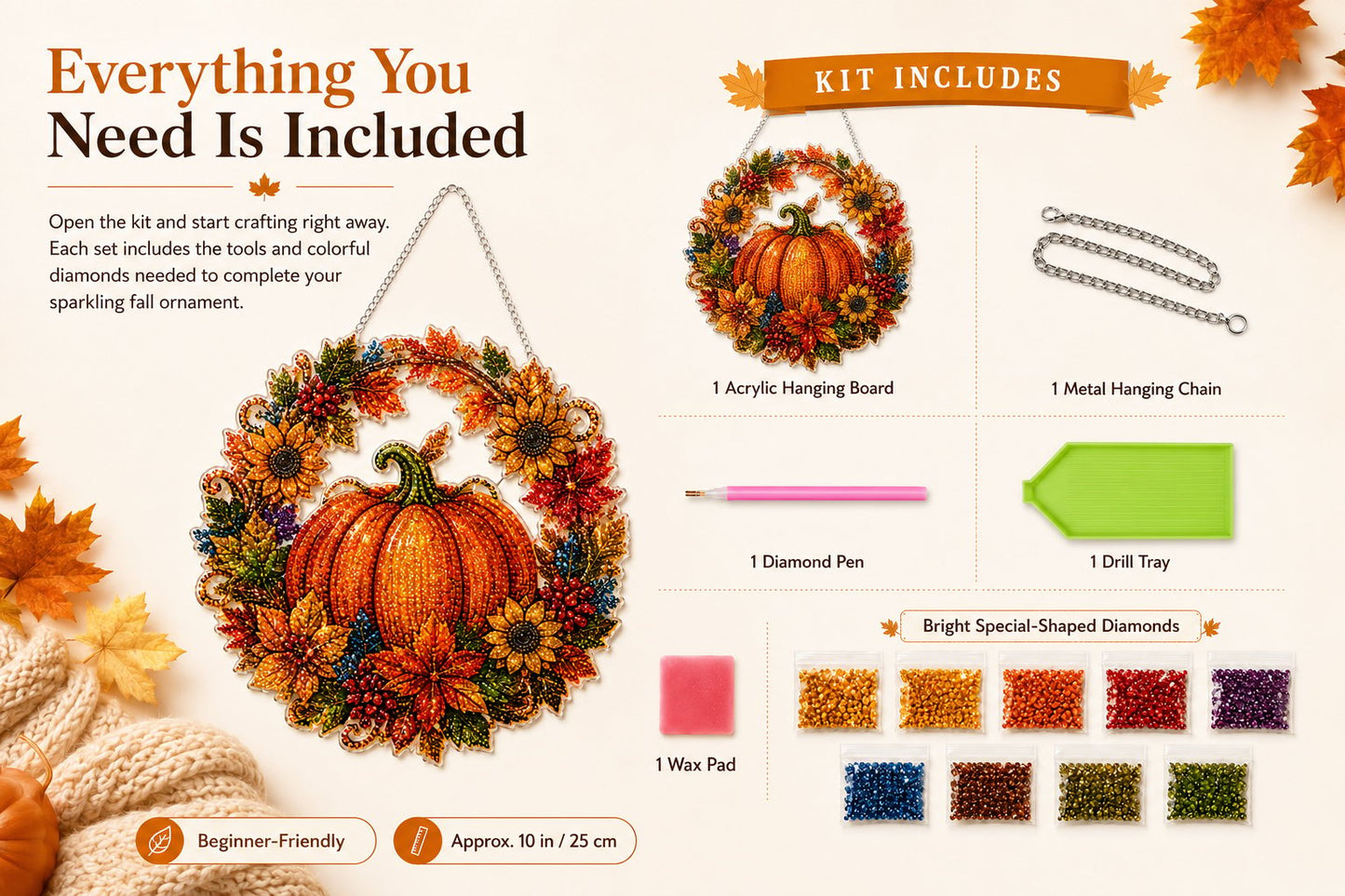 🍂✨Autumn Fall Pumpkin Gem Drill Hanging Decoration DIY Diamond Art Kit