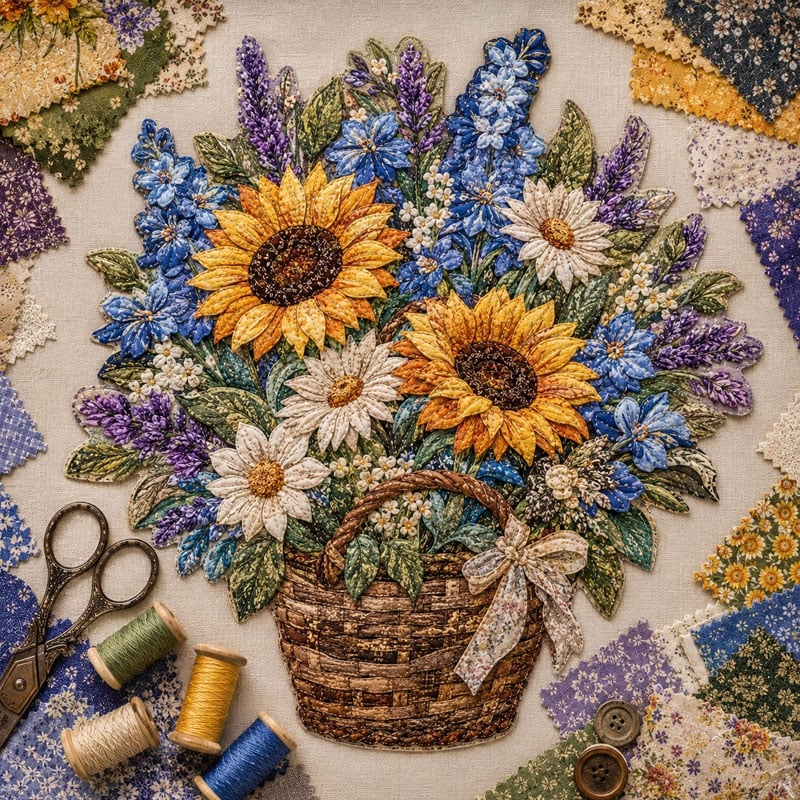 🌸Floral Basket Patchwork DIY Kit | 3D Layered Fabric Flower Art Craft for Home Decor & Gifts