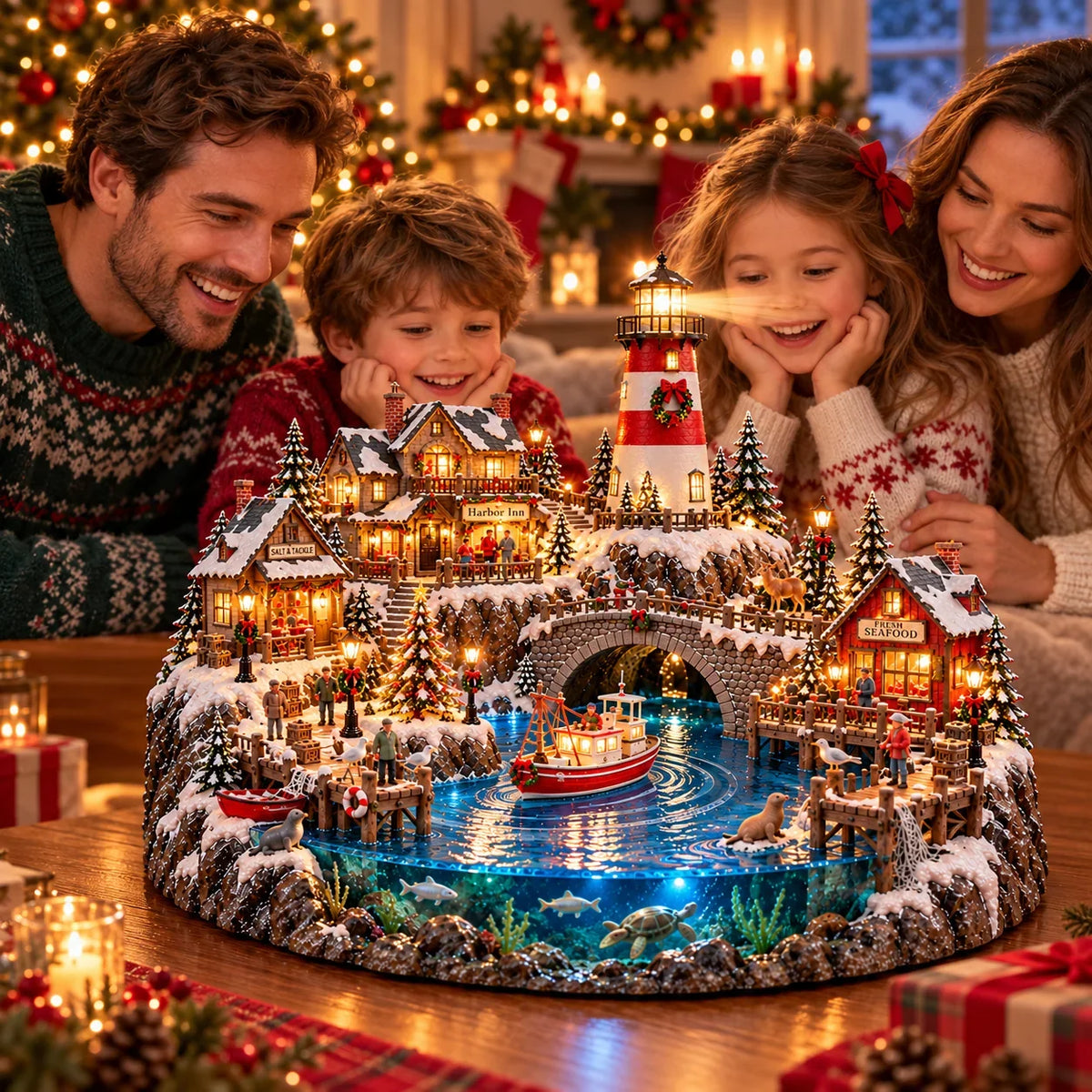 🔥 LAST DAY 50% OFF 🔥 Harborlight Christmas™ — Lighted Coastal Village with Lighthouse, Fishing Boat & Underwater Scene ✨